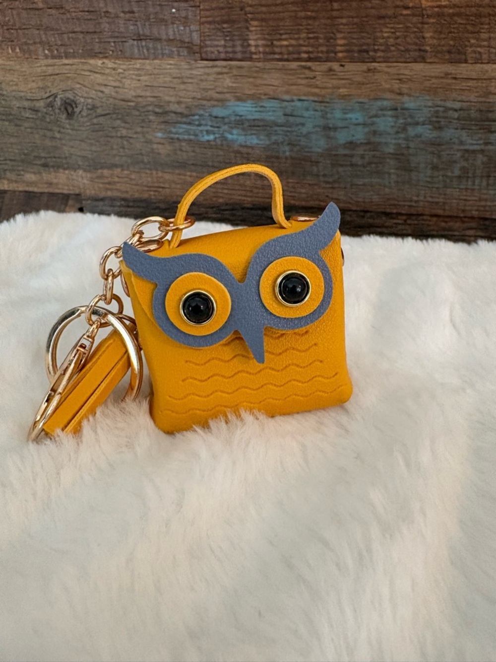 Cute Owl Keychain Bag Charm in Mustard Yellow with Gray Accents